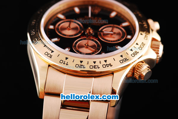 Rolex Daytona Oyster Perpetual Swiss Valjoux 7750 Chronograph Movement Full Rose Gold with Black Dial and Stick Markers - Click Image to Close